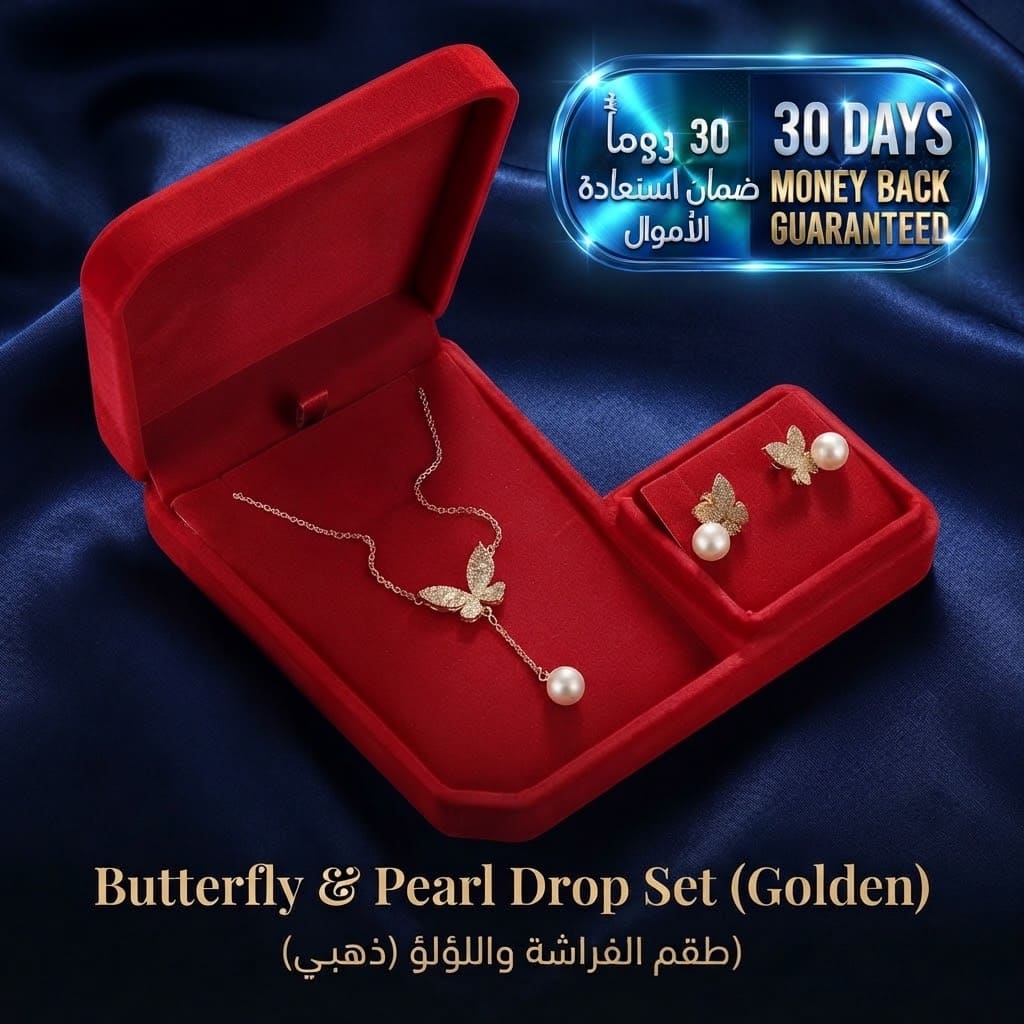 Butterfly & Pearl Drop Set طقم فراشة ولؤلؤ متدلٍ
