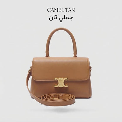 Gold Emblem Flap Satchel Bag حقيبة كتف ذهبية بشعار وإغلاق أمامي