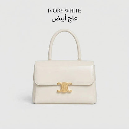 Gold Emblem Flap Satchel Bag حقيبة كتف ذهبية بشعار وإغلاق أمامي