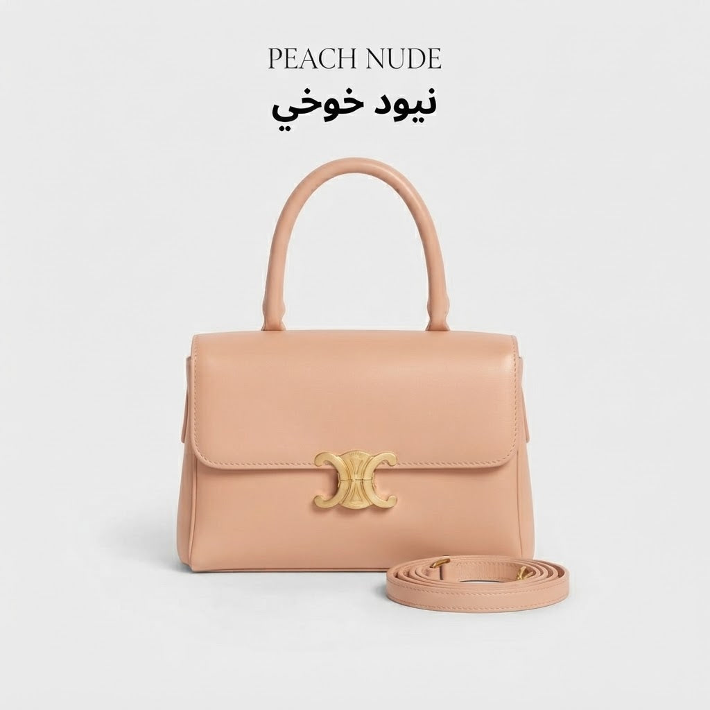 Gold Emblem Flap Satchel Bag حقيبة كتف ذهبية بشعار وإغلاق أمامي