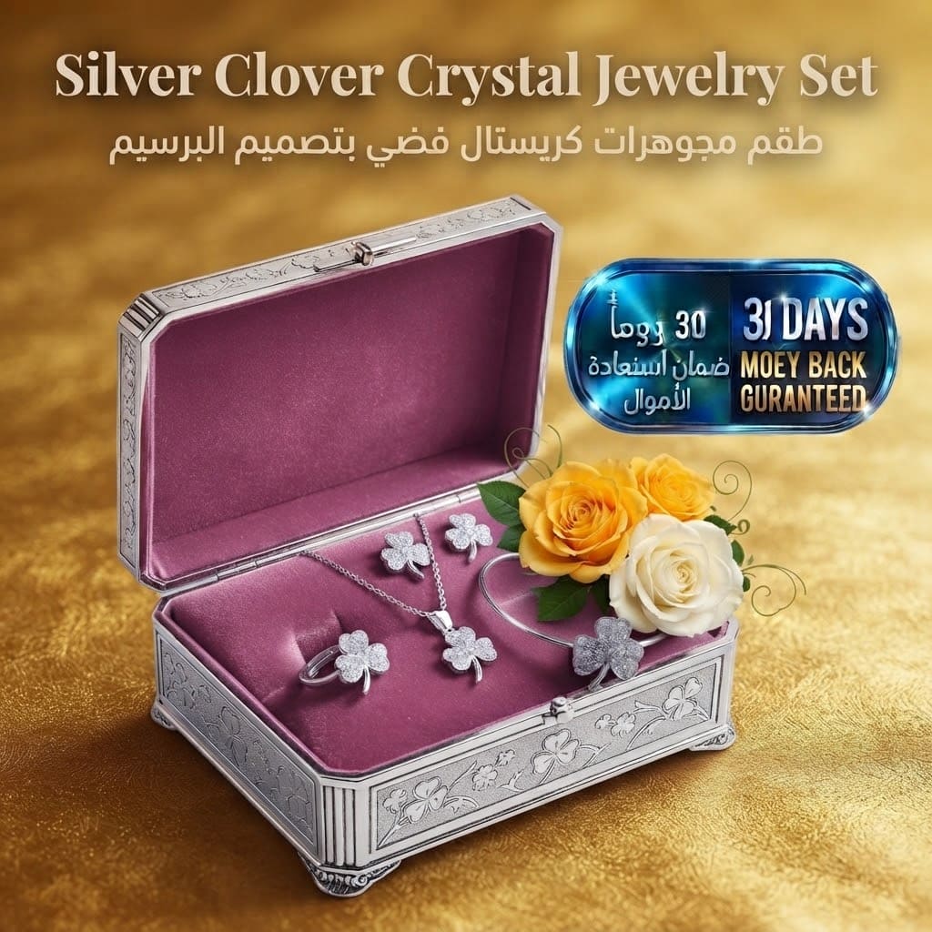 Silver Clover Crystal Jewelry Set طقم مجوهرات البرسيم الكريستالي الفضي