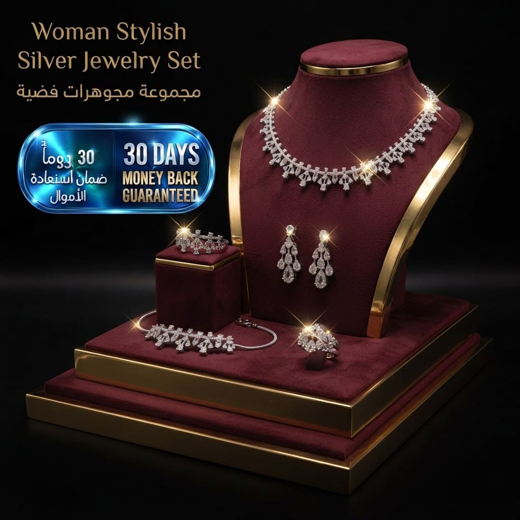 Woman Stylish Silver Jewelry Set طقم مجوهرات نسائي أنيق باللون الفضي