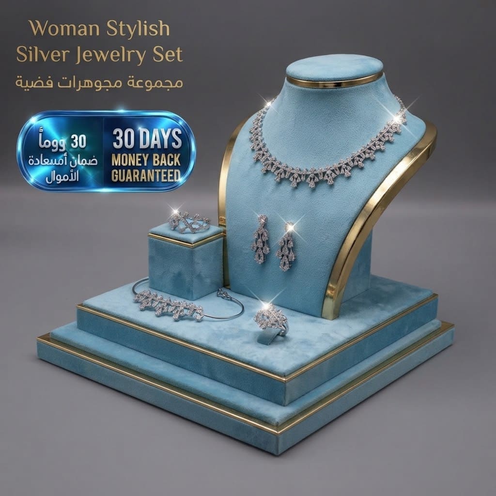 Woman Stylish Silver Jewelry Set طقم مجوهرات نسائي أنيق باللون الفضي
