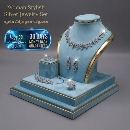 Woman Stylish Silver Jewelry Set طقم مجوهرات نسائي أنيق باللون الفضي