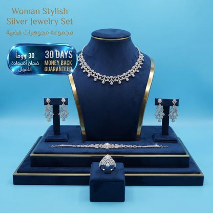 Woman Stylish Silver Jewelry Set طقم مجوهرات نسائي أنيق باللون الفضي