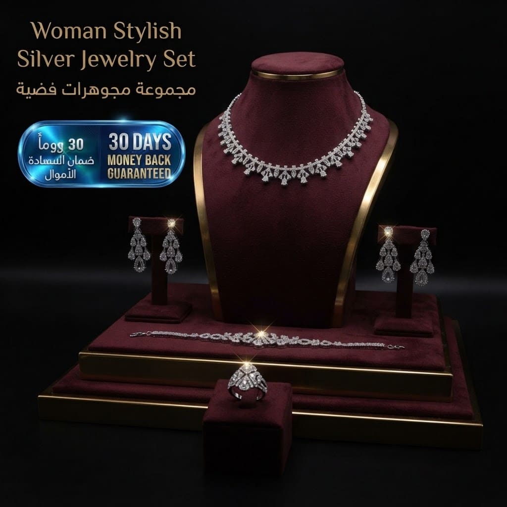 Woman Stylish Silver Jewelry Set طقم مجوهرات نسائي أنيق باللون الفضي