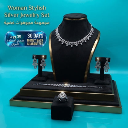 Woman Stylish Silver Jewelry Set طقم مجوهرات نسائي أنيق باللون الفضي