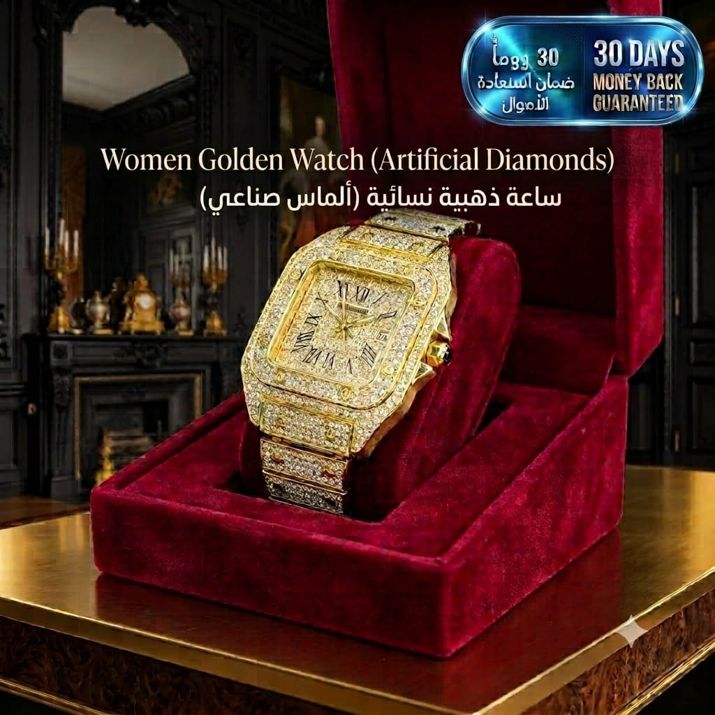 Women Gold Watch with Artificial Diamonds ساعة نسائية ذهبية بألماس صناعي