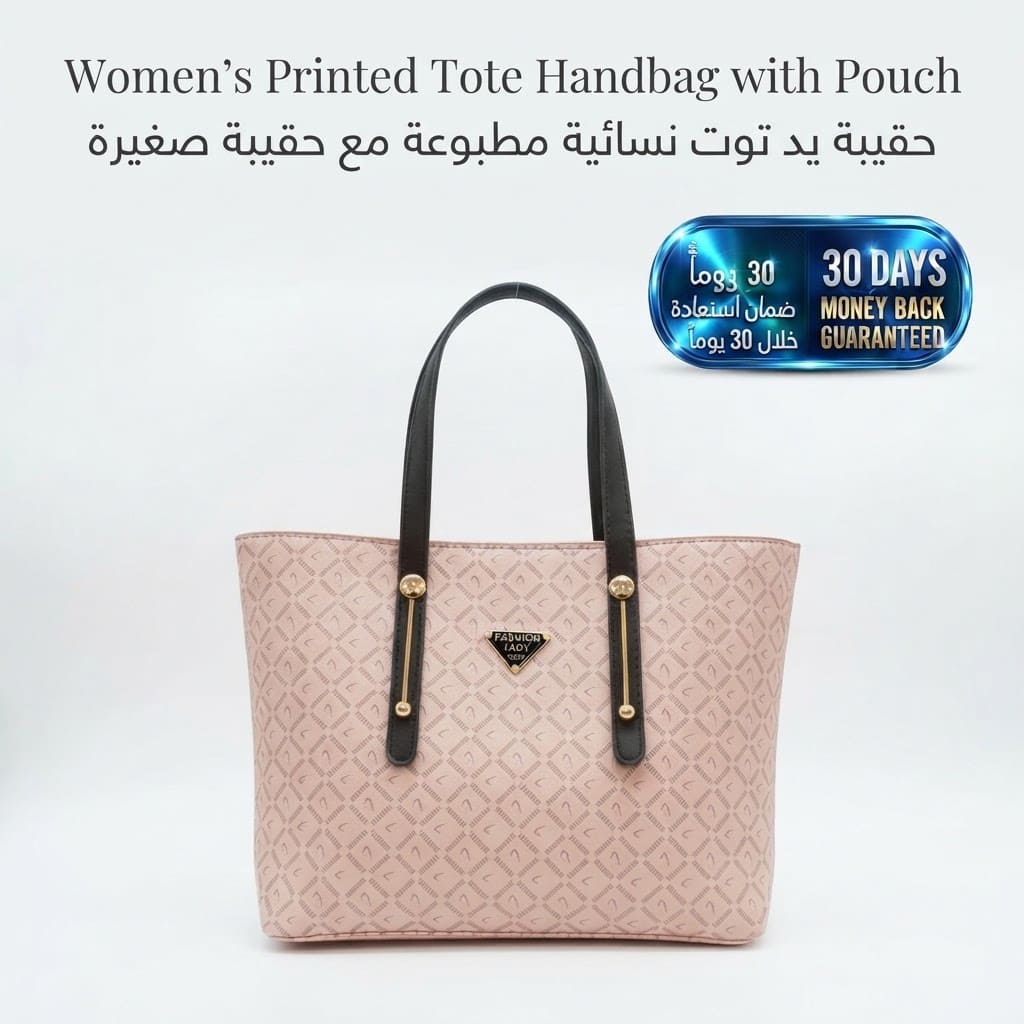Women’s Printed Tote Handbag with Pouch حقيبة يد مطبوعة مع جراب