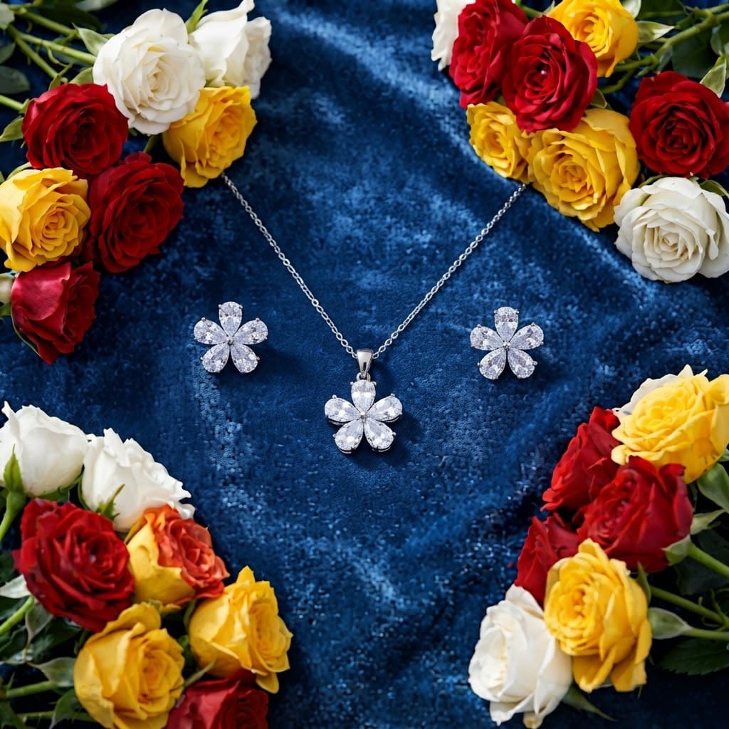 Zircon Petal Flower Necklace Set طقم عقد زهرة بتلات الزركون